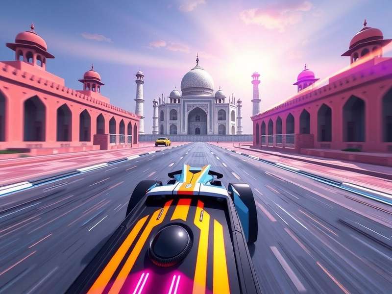 Radiant Rally Rush Racing Action - Player Racing Through Futuristic Taj Mahal Track